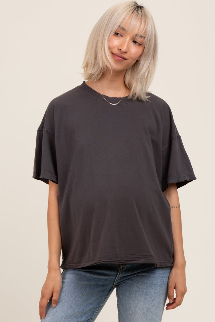 Black Boxy Raw Edge Maternity Short Sleeve Tee