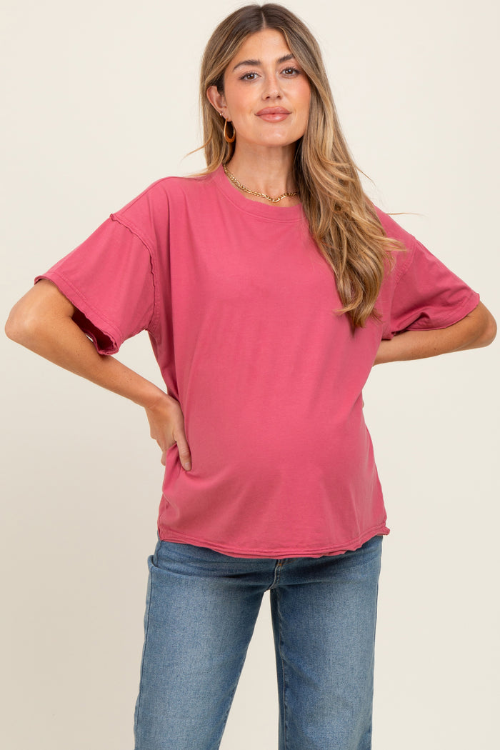 Dark Mauve Boxy Raw Edge Maternity Short Sleeve Tee