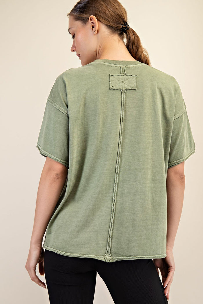 Olive Boxy Raw Edge Short Sleeve Tee
