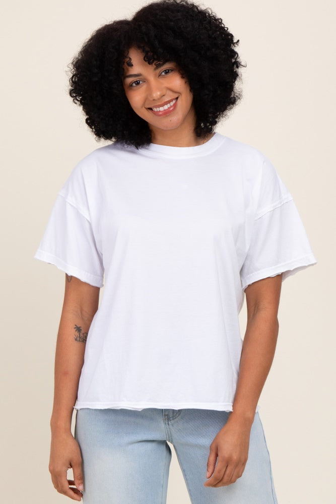 White Boxy Raw Edge Maternity Short Sleeve Tee