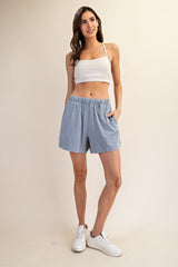 Blue Hidden Drawstring Maternity Shorts