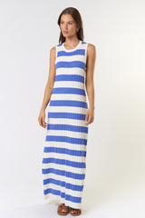 Blue Ribbed Striped Knit Sleeveless Maternity Maxi Dress