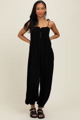 Black Smocked Button Front Shoulder Tie Jumpsuit