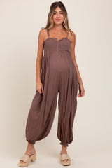 Mocha Smocked Button Front Shoulder Tie Maternity Jumpsuit