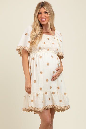 Ivory Embroidered Detail Smocked Tie Back Maternity Dress