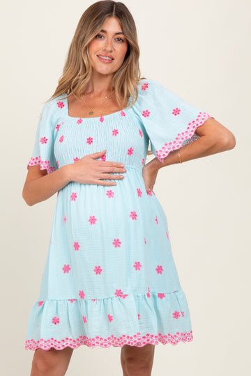 Blue Embroidered Detail Smocked Tie Back Maternity Dress