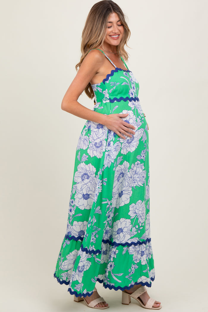 Mint Green Floral Wavy Trim Maternity Maxi Dress
