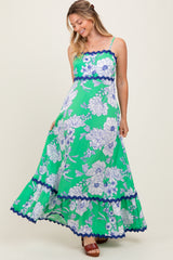 Mint Green Floral Wavy Trim Maxi Dress