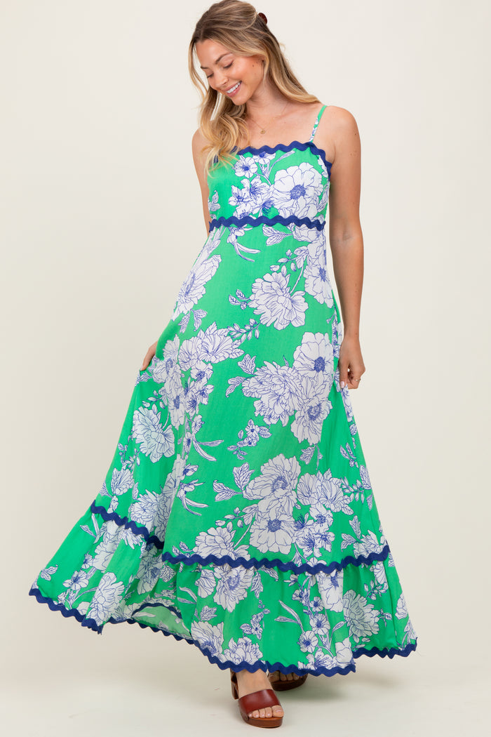 Mint Green Floral Wavy Trim Maxi Dress