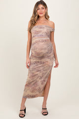 Light Taupe Floral Off Shoulder Ruched Maternity Maxi Dress