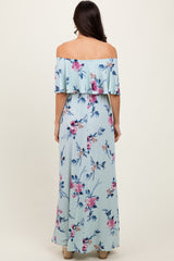 Mint Off Shoulder Floral Ruffle Maxi Dress