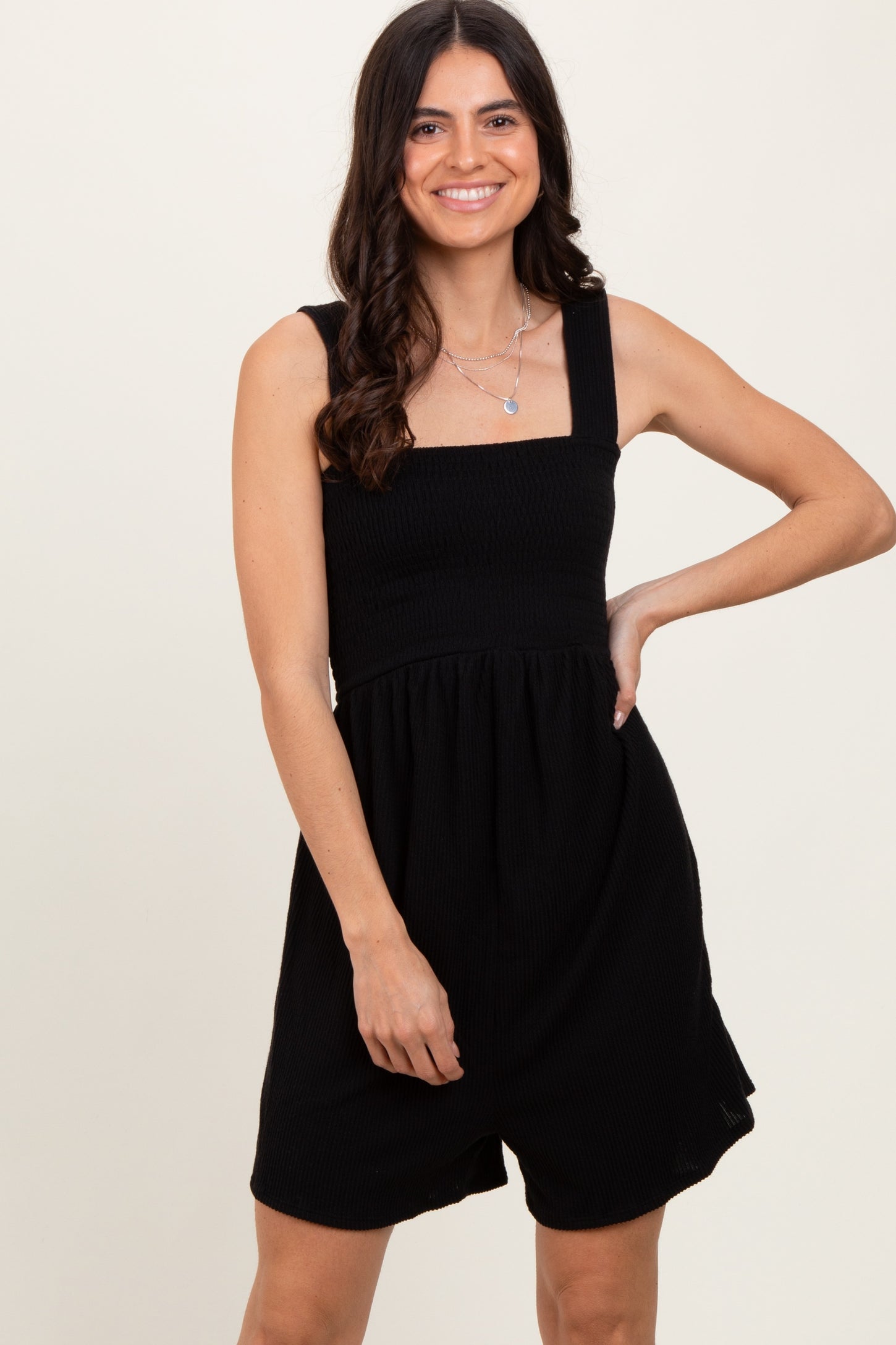 Black Ribbed Smocked Bodice Romper