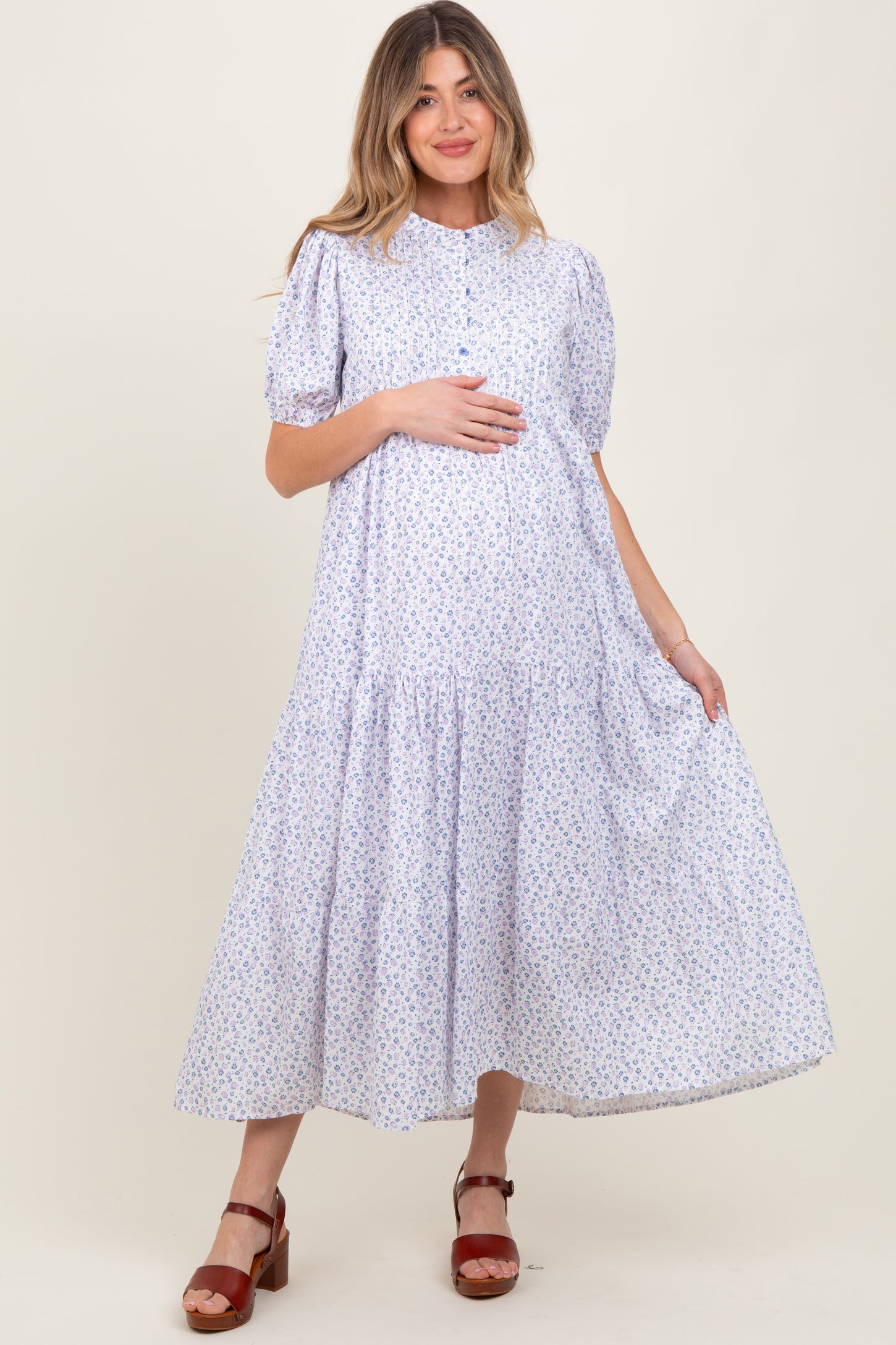 Blue Iris Floral Button Maternity Maxi Dress