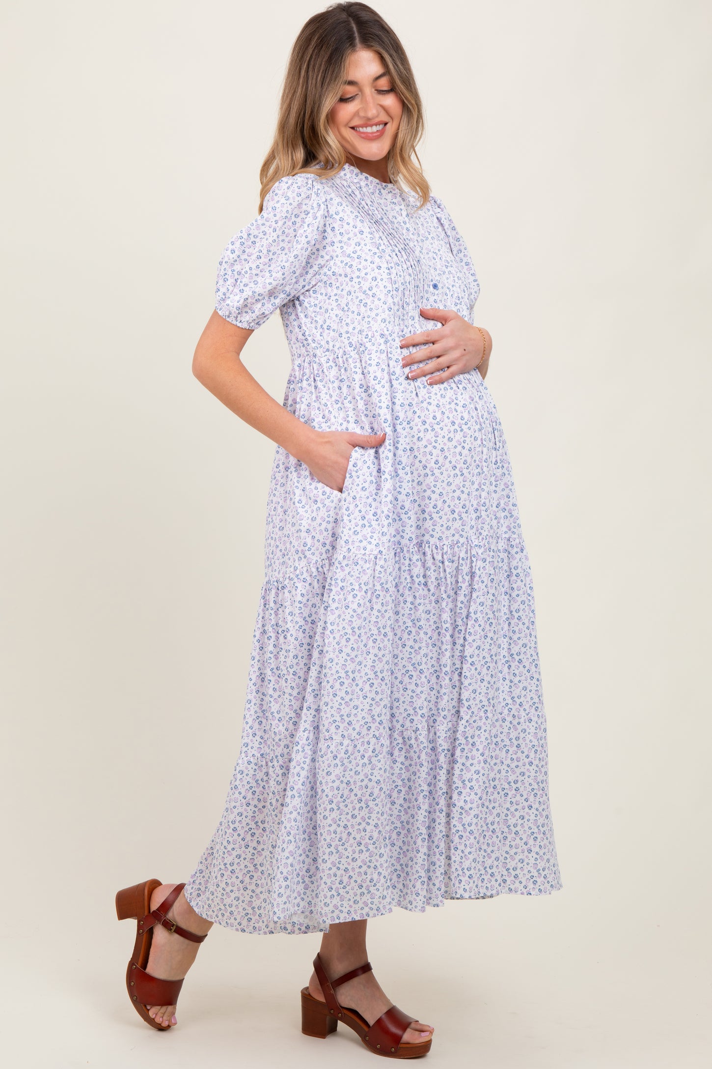 Blue Iris Floral Button Maternity Maxi Dress