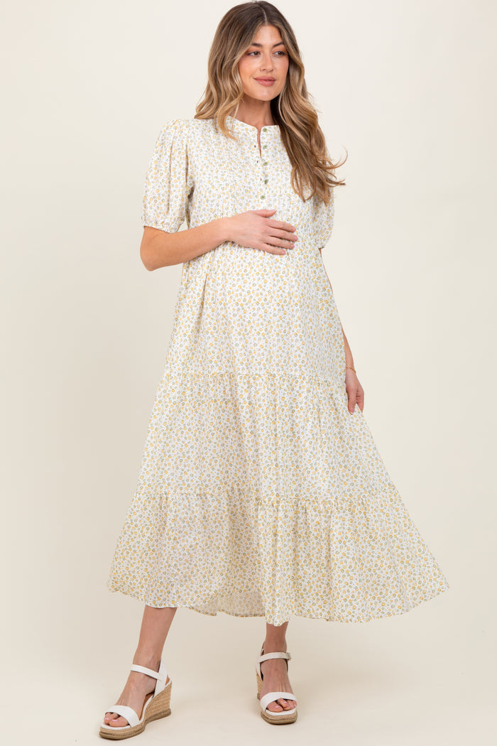 Green Iris Floral Button Maternity Maxi Dress