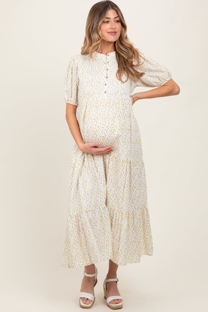 Green Iris Floral Button Maternity Maxi Dress