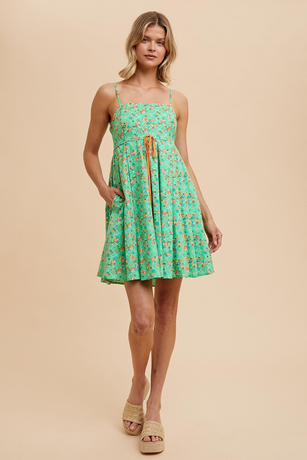 Green Floral Sleeveless Mini Dress