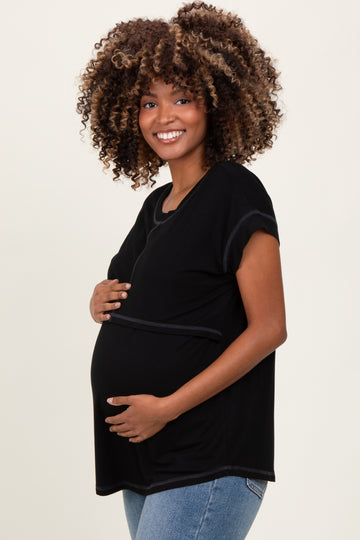 Black Double Layer Short Sleeve Maternity Nursing Top