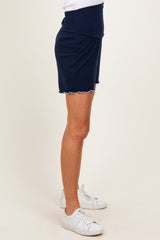 Navy Ribbed Maternity High Waisted Lounge Shorts