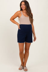 Navy Ribbed Maternity High Waisted Maternity Lounge Shorts