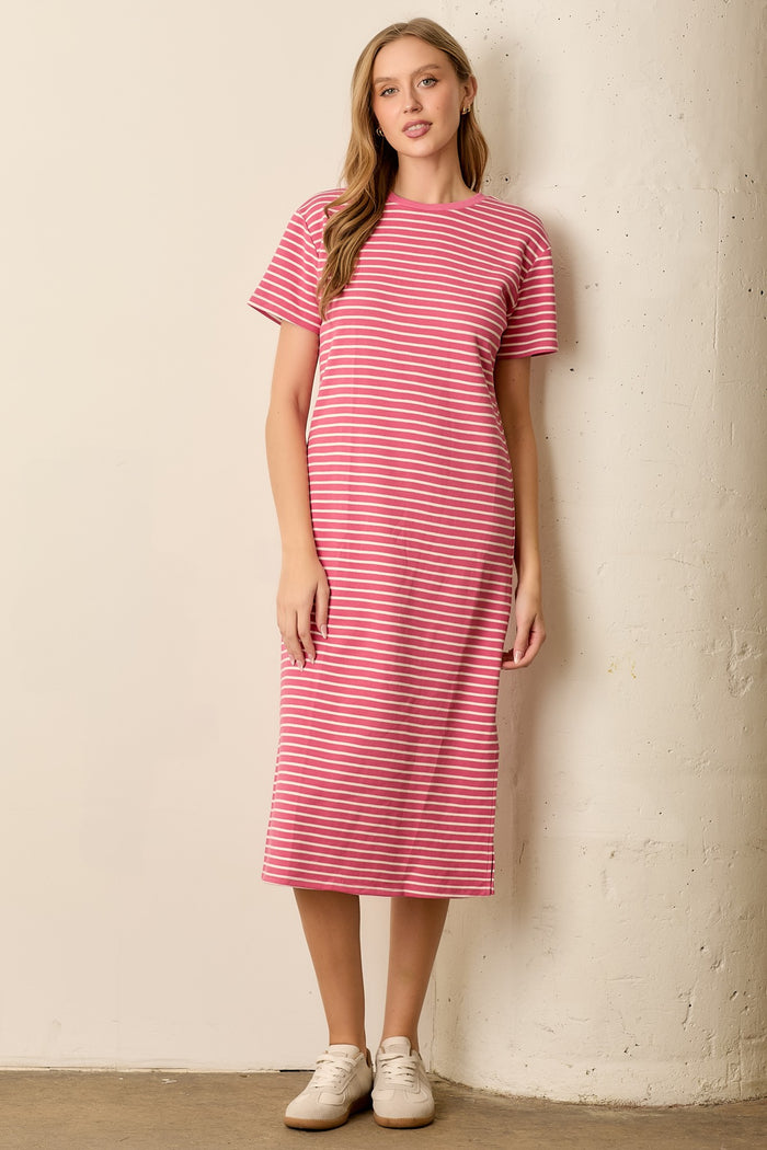 Pink Striped Short Sleeve Maternity T-Shirt Midi Dress