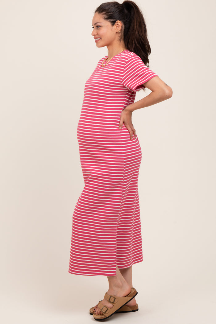 Pink Striped Short Sleeve Maternity T-Shirt Midi Dress