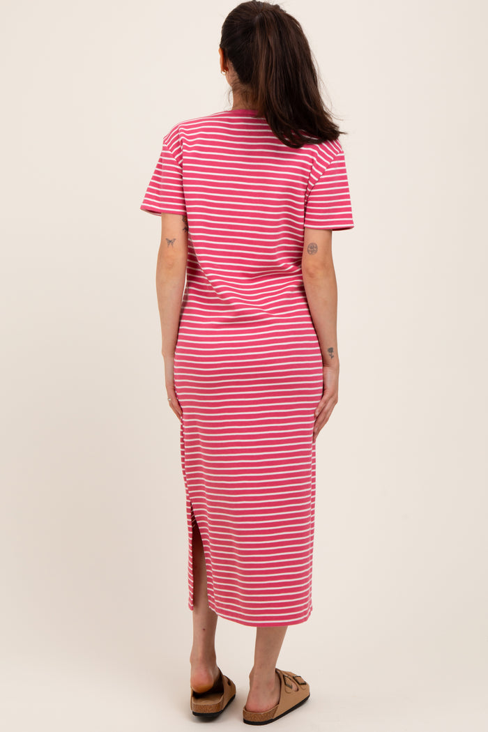 Pink Striped Short Sleeve Maternity T-Shirt Midi Dress