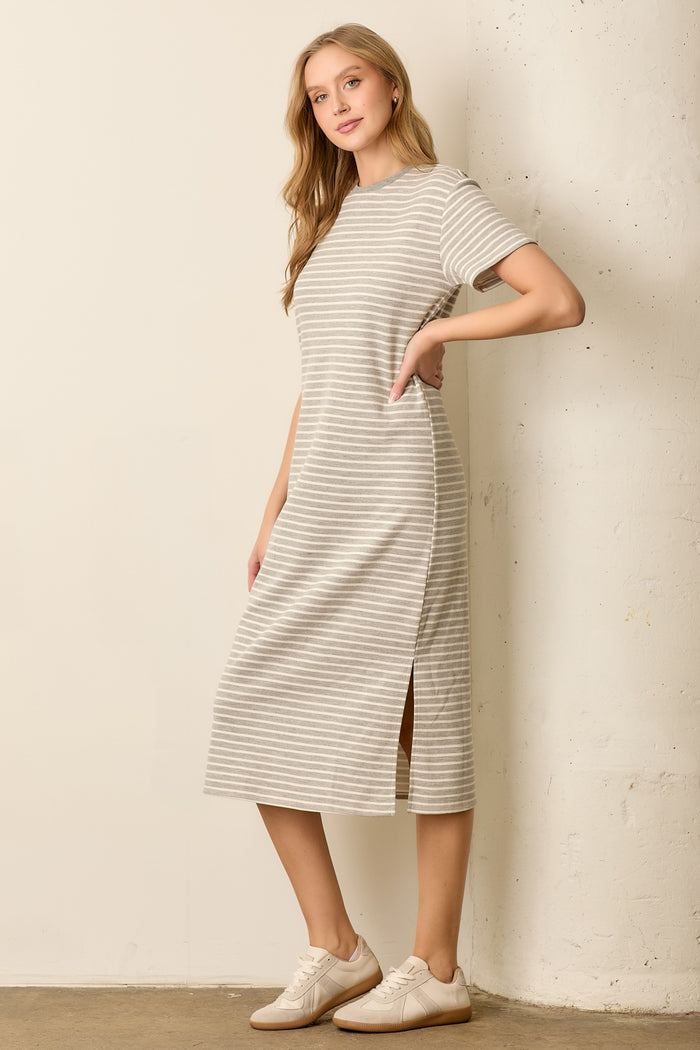 Heather Grey Striped Short Sleeve T-Shirt Midi Dress