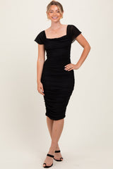 Black Mesh Ruched Off Shoulder Maternity Fitted Dress