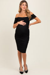 Black Mesh Ruched Off Shoulder Maternity Fitted Dress