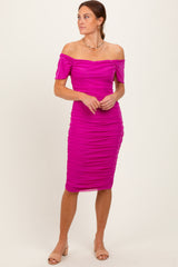 Magenta Mesh Ruched Off Shoulder Fitted Dress