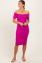 Magenta Mesh Ruched Off Shoulder Fitted Dress