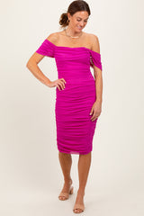 Magenta Mesh Ruched Off Shoulder Fitted Dress