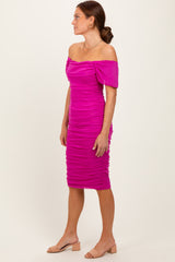 Magenta Mesh Ruched Off Shoulder Fitted Dress