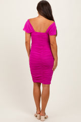 Magenta Mesh Ruched Off Shoulder Maternity Fitted Dress
