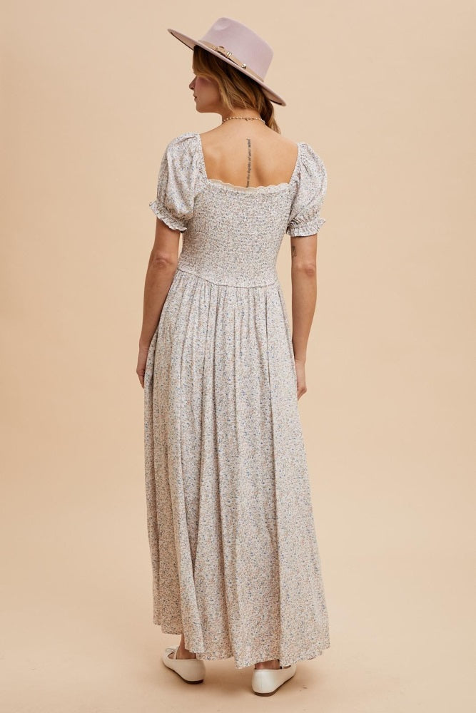 Cream Floral Lace Trim Maxi Dress