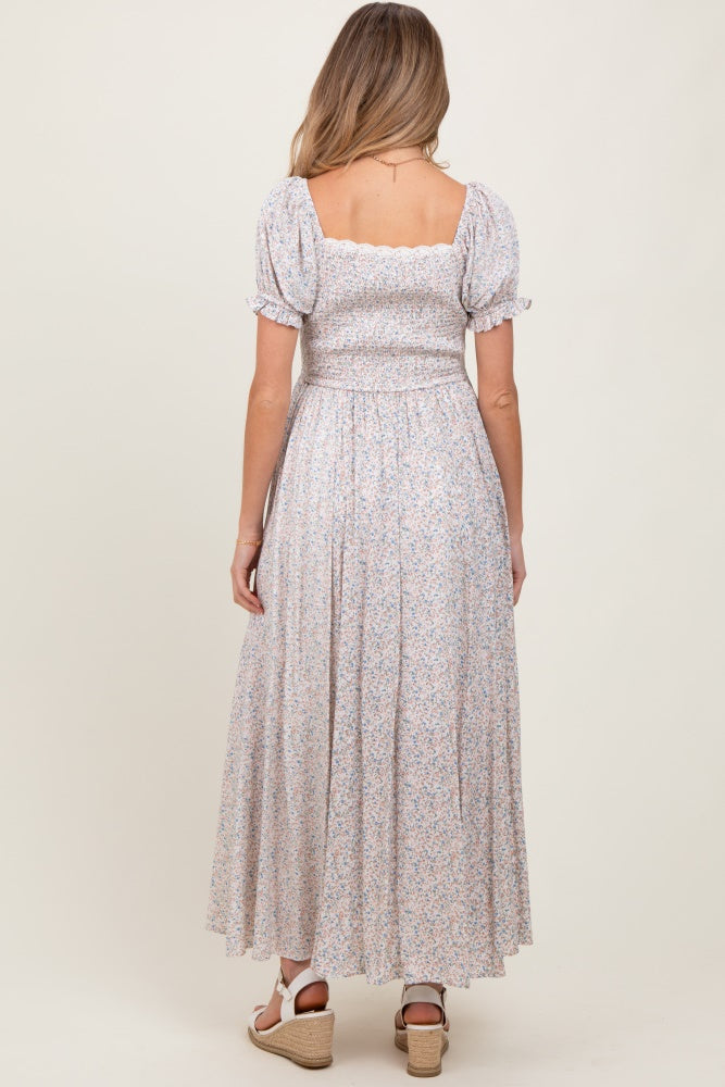 Cream Floral Lace Trim Maternity Maxi Dress