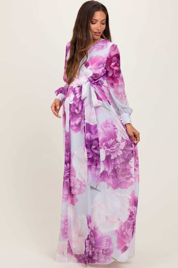 Purple Floral Chiffon Long Sleeve Maternity Maxi Dress