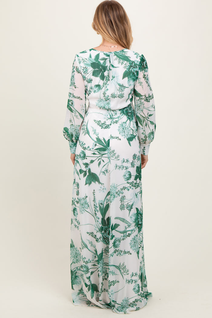 Forest Green Floral Chiffon Long Sleeve Maxi Dress