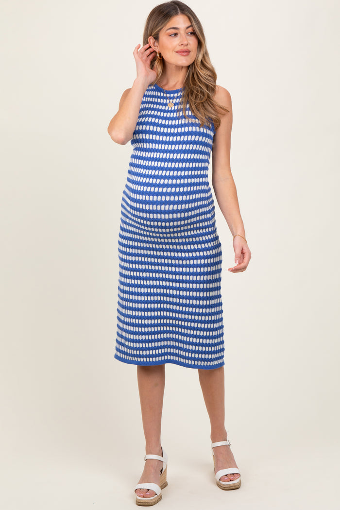 Blue-White Stripe Sleeveless Round Neck Knit Maternity Midi Dress