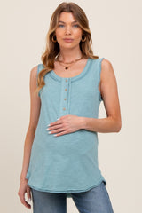 Light Blue Raw Hem Button Detail Sleeveless Maternity Top