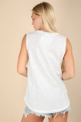White Raw Hem Button Detail Sleeveless Top