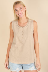 Beige Raw Hem Button Detail Sleeveless Maternity Top