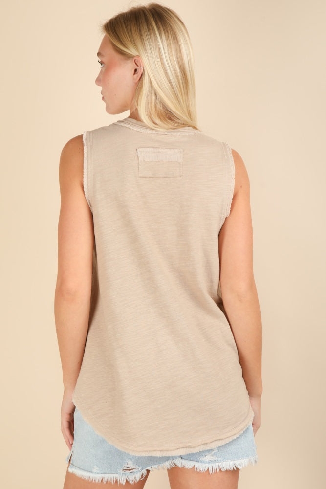 Beige Raw Hem Button Detail Sleeveless Top