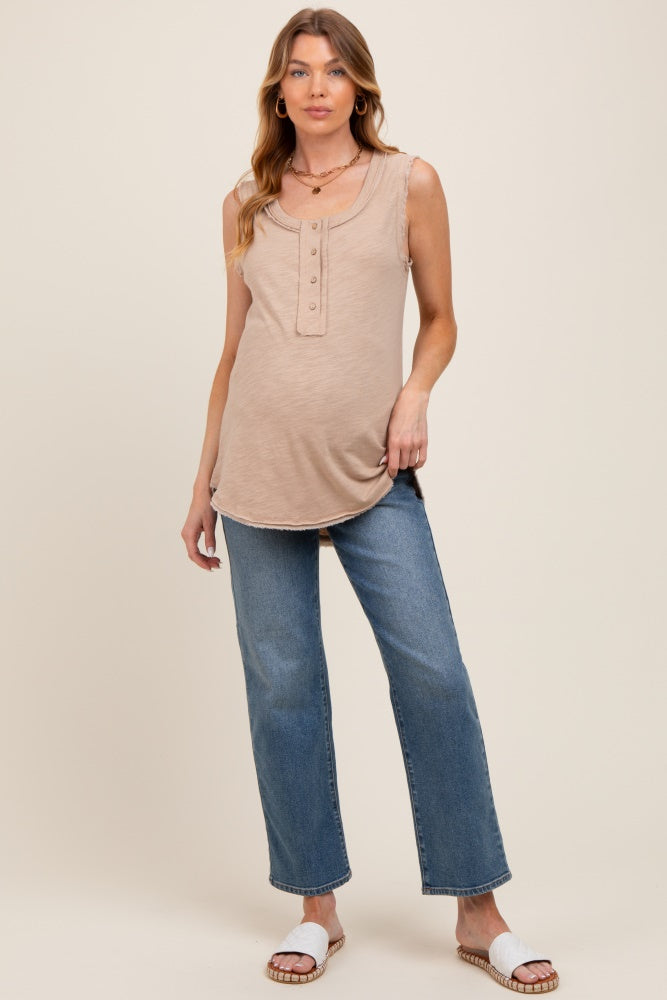 Beige Raw Hem Button Detail Sleeveless Maternity Top