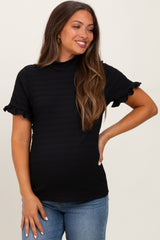 Black Solid Puff Knit Mock Neck Maternity Top