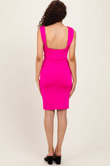 Hot Pink Square Neck Ruched Midi Dress