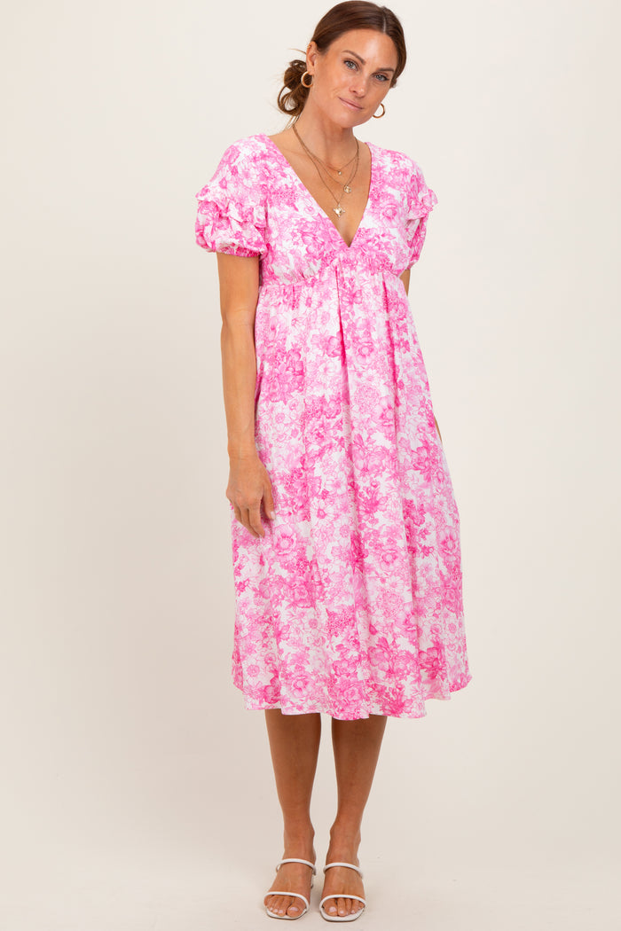 Pink Floral Woven Short Sleeve Mini Dress