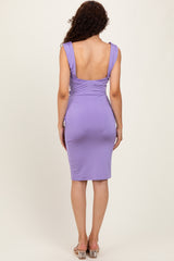 Lavender Square Neck Ruched Midi Dress
