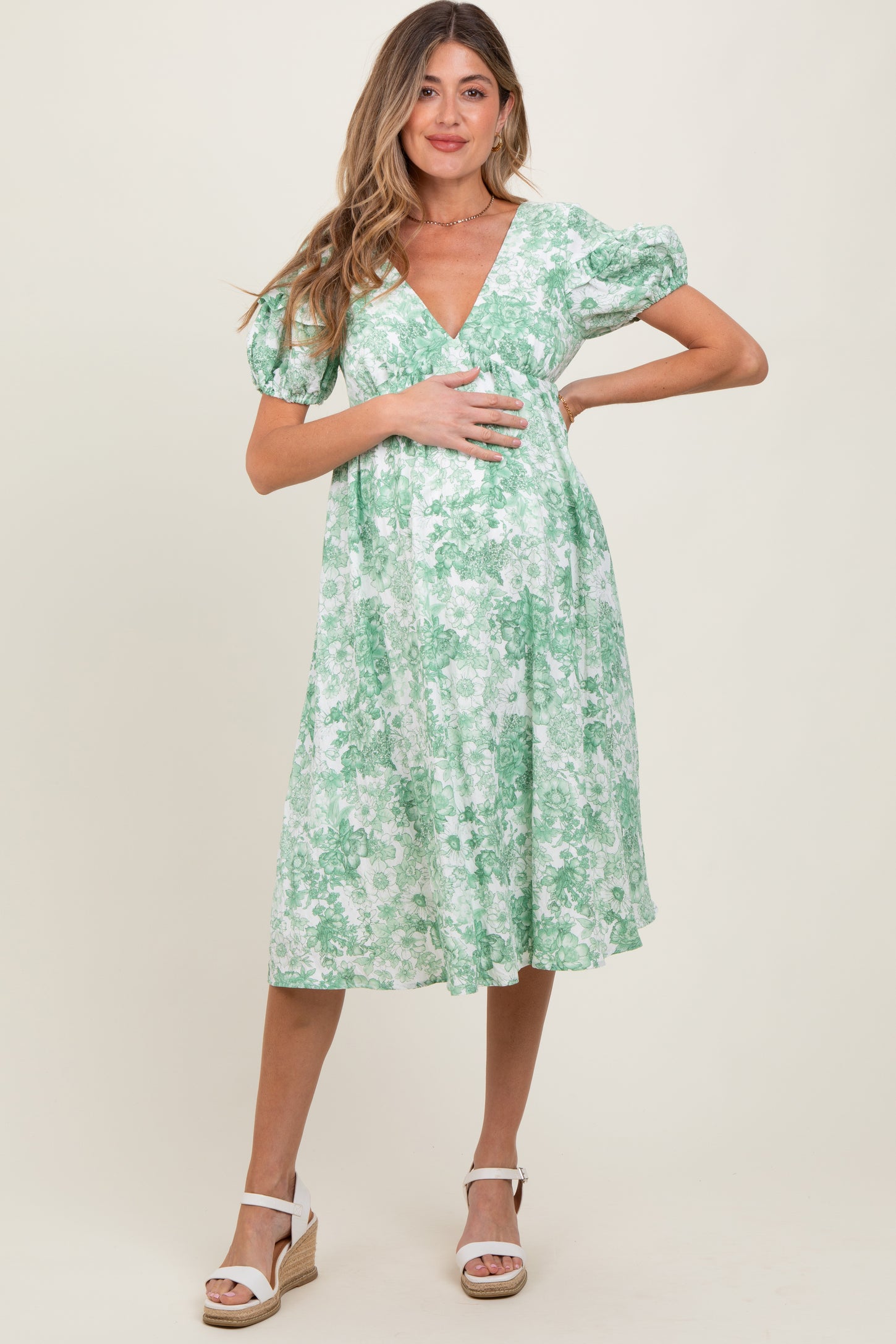 Green Floral Woven Short Sleeve Maternity Mini Dress